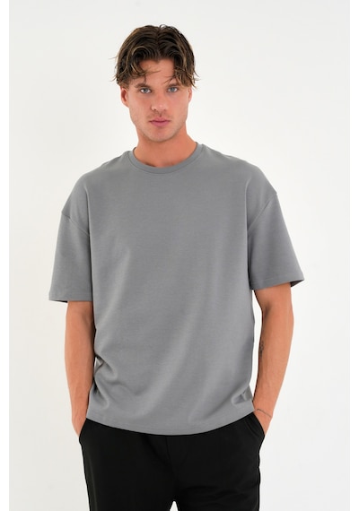 Blank Unisex Oversize Geniş Kesim Tişört %100 Pamuk Kalın Dokulu Bisiklet Yaka T-shirt Füme