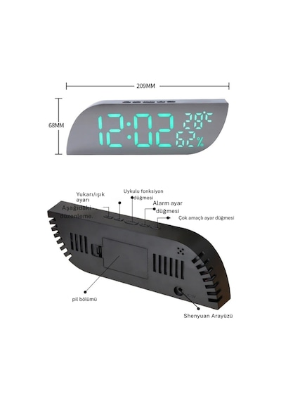 Usb Ve Pille Çalışan Ayna Ekranlı Dijital Masa Saati Alarm Termometre Nem Ölçer Masaüstü Pilli Saat Siyah