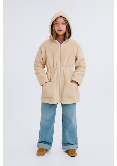 Esila Kids Kız Çocuk Ceket Peluş Kapüşonlu Uzun Kollu Kışlık Ceket 4-9 Yaş Bej