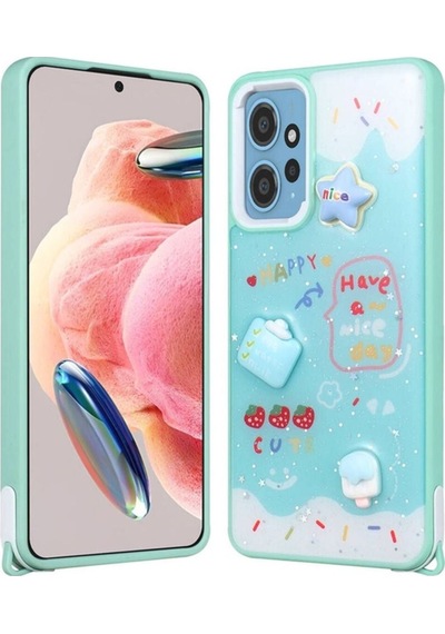 Xiaomi Redmi Note 12 4g Kılıf Parlayan Simli Kabartma Figürlü Zore Cevze Kapak Yeşil