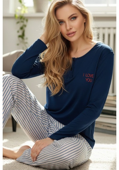 Siyah İnci Düğmeli Örme Pamuklu Pijama Takım25240221 Lacivert
