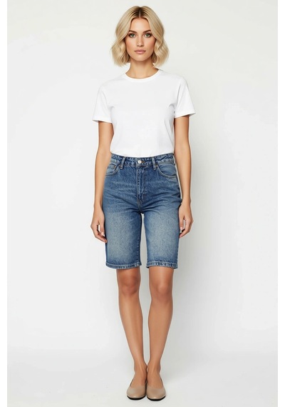 Benerly Kadın Şort Bermuda Yüksek Bel Geniş Paça Düz Desen Denim Kısa Boy mavi