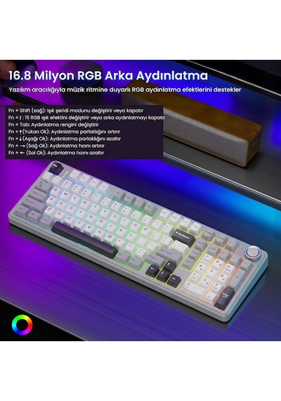 Aula F99 Pro 3 Modlu Rgb Hot Swap Mekanik Star Vector Switch Kablosuz Makrolu Klavye Gri
