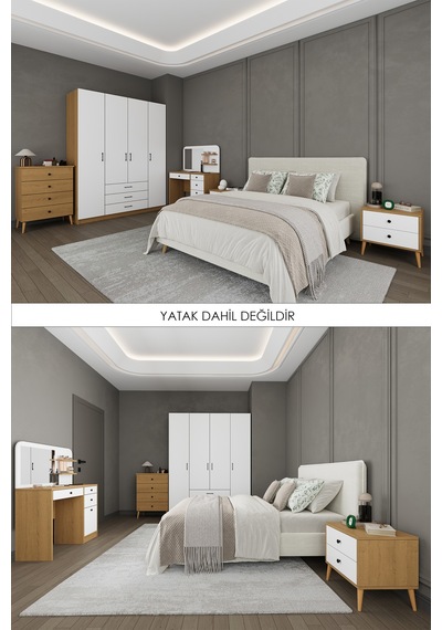 Yatak Odası Takımı 5 Parça %100 Mdf Gardırop Şifonyer Makyaj Masası Komodin Ytk03 Beyaz - Karına