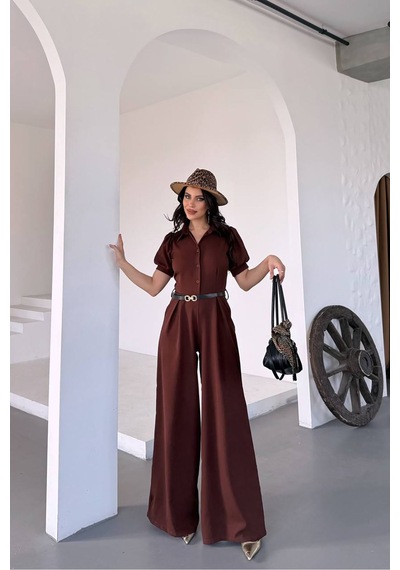 Neşeli Butik Kadın Gömlek Yaka Kemerli Geniş Paça Tulum Nbk4197 Kahverengi