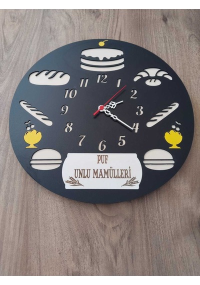 Cafe //fırın // Unlu Mamuller // Pastane İş Yerine Özel Kişiye Özel İsim Yazılı Duvar Saati Siyah