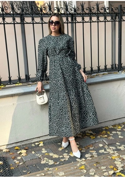 Defymoda Kadın Uzun Kollu Bisiklet Yaka Papatya Desen Kuşak Dahil Maxi Boy Elbise Siyah