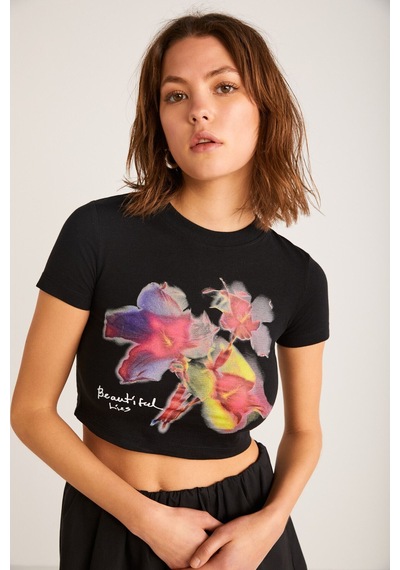 Ethıquet Jess Kadın Önü Baskılı Kısa Kollu Crop Siyah T-shirt