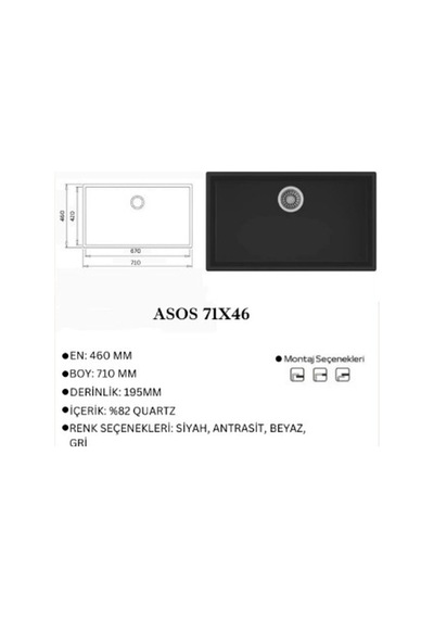 Granit Evye Asos Series Siyah Renk En:460 Mm Boy :710 Mm Derinlik :195 Mm
