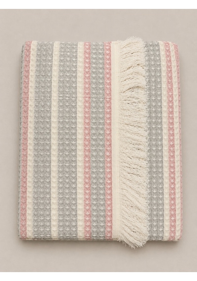 Tek Kişilik Pamuklu Pike 175x215 Cm Püsküllü Dokuma Yatak Örtüsü Çizgili Pembe