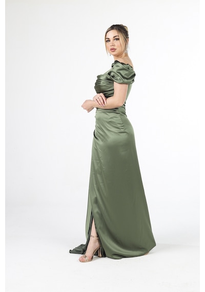 Feminist Haki Drape Detaylı Saten Kumaş Abiye Elbise 9704858.23 Haki
