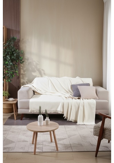 Miracolo Home Pamuklu Önden Saçaklı 170x210 Koltuk Örtüsü Ekru