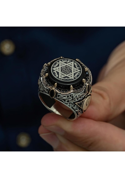 Süleyman Mührü Yuvarlak Desen 925 Gümüş Erkek Yüzük