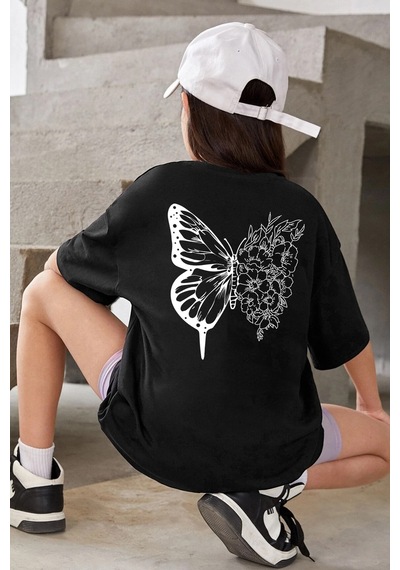 Uyguntarz Çocuk Flower Butterfly Baskılı Pamuklu Tshirt Siyah