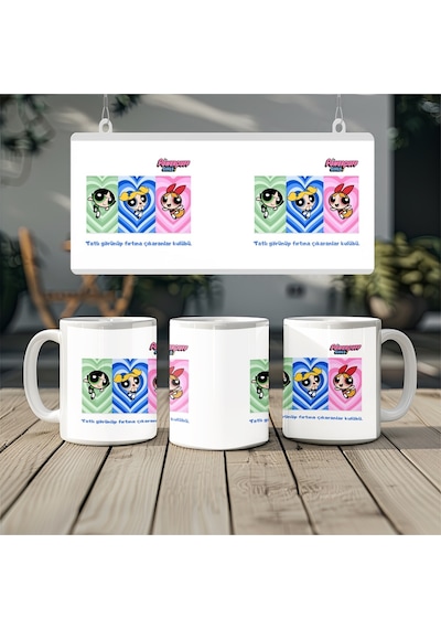 Powerpuff Girls Tatlı Görünüp Fırtına Çıkaranlar Kulübü Yazılı Kupa Bardak - Renkli Kız Arkadaş Grup Beyaz