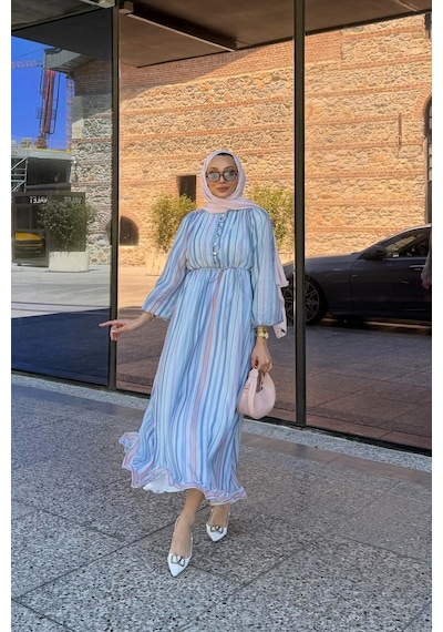 Riella Butik Nelia Düğme Detaylı Balon Kol Tesettür Elbise Mavi