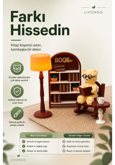Kitap Okuyan Ayıcık Ve Kütüphane Biblo Seti - Kahve Köşesi Ve Masa Üstü Işıklı Mini Dekoratif Lambader Seti 11x15 Cm