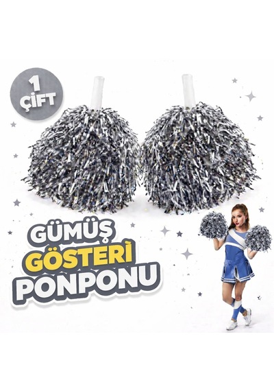 1 - 228 - Çift 2 Adet Gümüş Renk 23 Nisan 19 Mayıs 29 Ekim Okul Gösteri Ponponları - Csmo-tex - Ekstra Dolgun