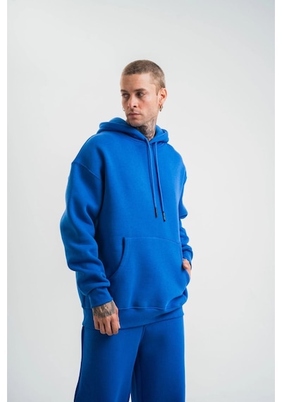 Mbb E-ticaret Erkek 3 İplik Oversize Kapşonlu Basic Sweatshirt Hoodie - Mavi