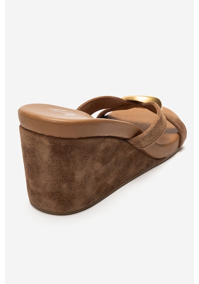 Luvi Shoes Caterına Toprak Süet Hakiki Deri Tokalı Kadın Dolgu Topuklu Terlik