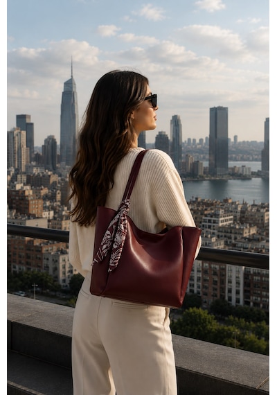 Housebags Lumi Kadın Fularlı Fermuarlı El Ve Omuz Çantası Bordo