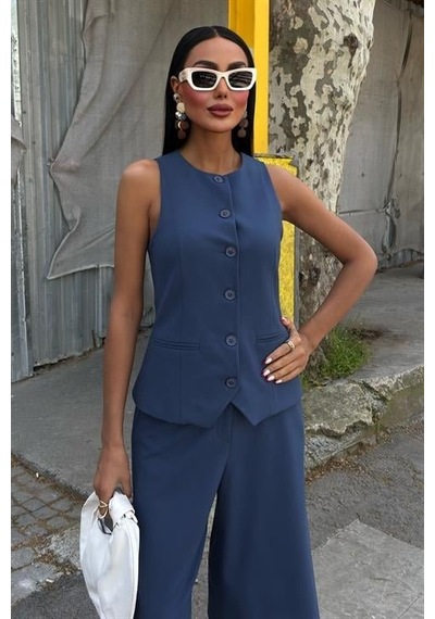 De'charme Midi Şortlu Ve Yelekli Viscon Takım 10167 Indigo