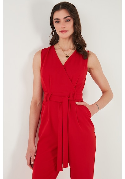 Lela Slim Fit Düz Paça Kruvaze Yaka Kemerli Bayan Tulum 6783626 Kırmızı