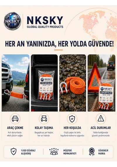 Nksky Ce Belgeli 5 Ton Araç Çekme Halatı 3 Metre 5 Cm Genişlik Omega Kilitli Oto Çeki Halatı Turuncu