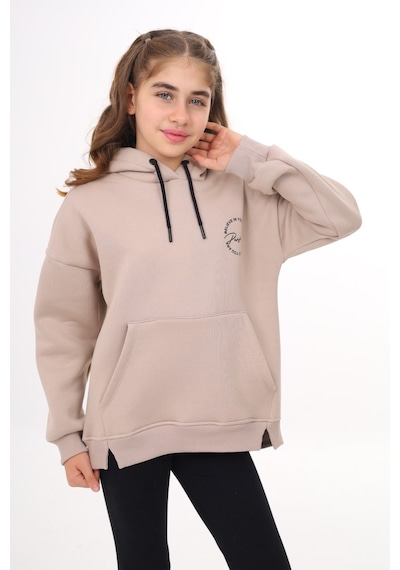 Kız Çocuk Oversize Kapüşonlu Cepli Düşük Omuz Baskılı Yırtmaçlı Sweatshirt - 3 İplik Şardonlu Bej Kız Çocuk Oversize Kapüşonlu Cepli Düşük Omuz Baskılı Yırtmaçlı Sweatshirt - 3 İplik Şardonlu Bej