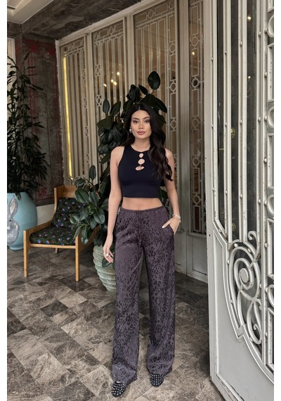 Kechi Woman Leopar Desenli Saten Pantolon Kahverengi