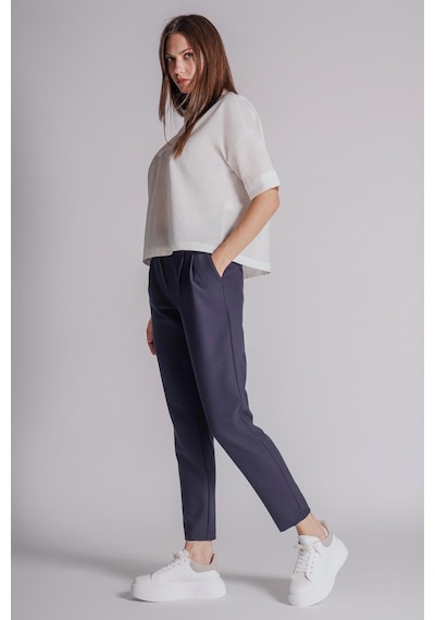 Braccas Kadın Yandan Cepli Arka Cep Fleto Beli Lastikli Ve Pilili Slim Fit Pantolon Lacivert Lacivert