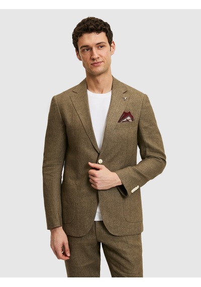 Cacharel Haki Slim Fit %100 Keten Mikro Desen Mono Yaka Ceket Yesıl