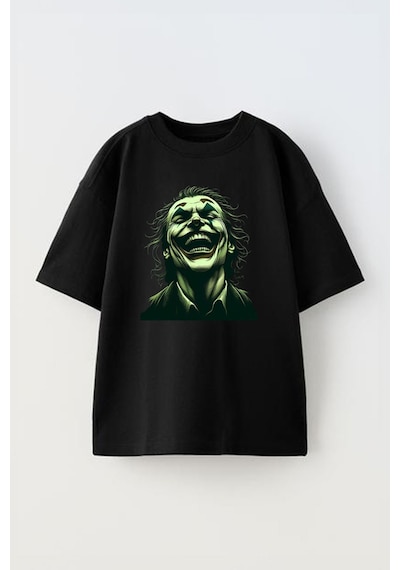 Thewert Unisex The Joker Tasarım Baskılı Pamuk Sıyah Oversize T-shirt Siyah
