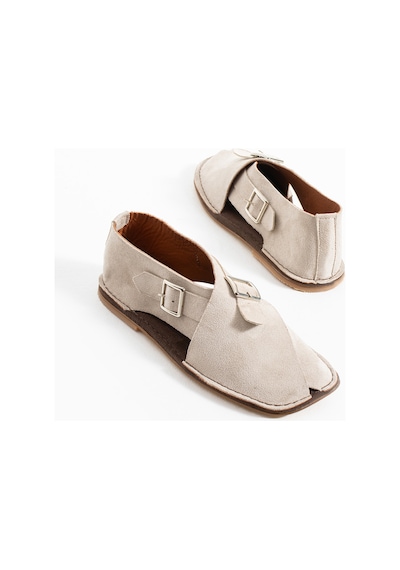 Duxal Shoes Cooper İçi Hakiki Deri Süet Kadın Sandalet Tokalı Günlük Rahat Ayakkabı - Babet Bej