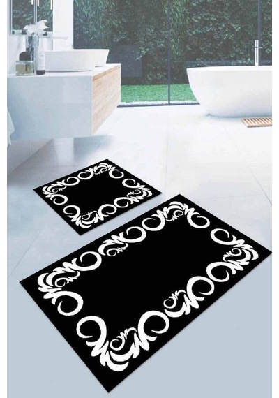 Siyah Çerçeveli Desen Banyo Halısı Klozet Paspas Seti Bs032n11