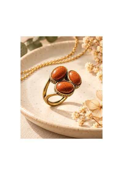Esoo Jewelry Doğal Taş Detaylı 3 Taşlı Vintage Gold Ayarlanabilir Kadın Yüzük - Bronz Işıltı