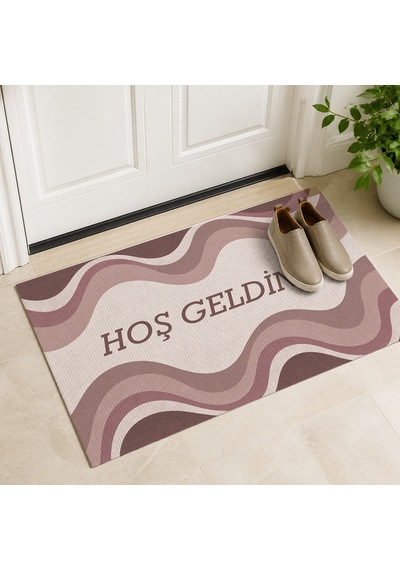 Kartela Halı Hoş Geldiniz Yazılı Retro Dalga Kapı Paspası Gül Kurusu Kaymaz Kauçuk Taban 50x75 Cm