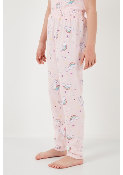 Lela % 100 Pamuk Bisiklet Yaka Kısa Kollu Kız Çocuk Pijama Takımı 6651002 Pembe-Beyaz