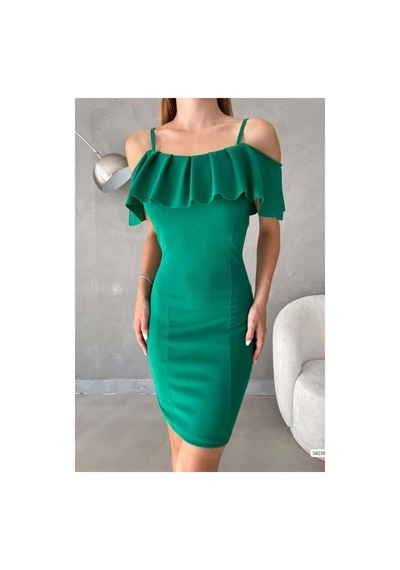 Lior Design Kadın Sade Madonna Yaka Volanlı Abiye Elbise Yeşil
