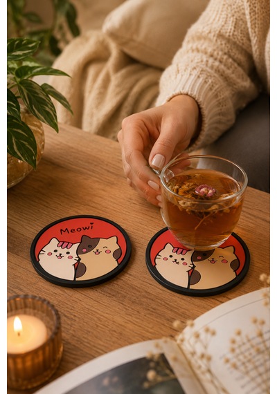 Kemboss Meowi Kedili Bardak Altlığı 2'li Set - Pvc Kaydırmaz Bardak Altlığı Kahve Kupa Çay Bardağı Altlığı Masa Koruyucu Çok Renkli