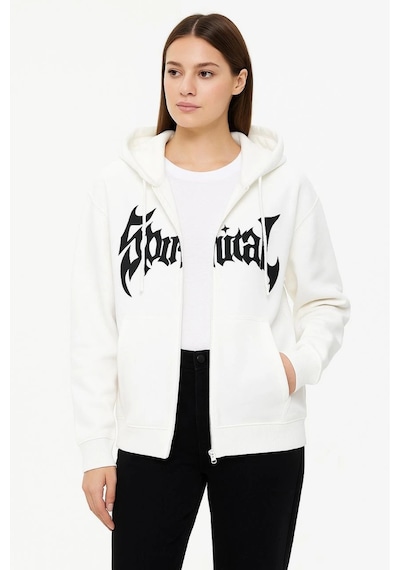 Kadın Kapüşonlu 3 İplik Pamuklu Önü Baskılı Fermuarlı Oversize Hoodie Sweatshirt - Beyaz