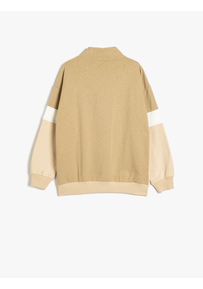 Koton Sweatshirt Dik Yaka Yarım Fermuarlı Uzun Kollu Renk Bloklu Şardonlu Deve Tüyü 5wkb10228tk Taba