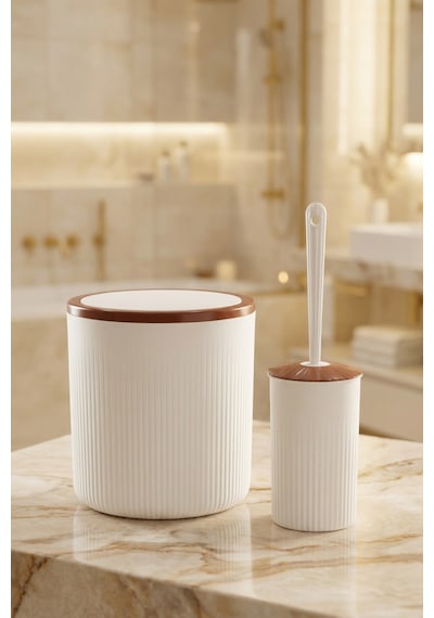 Makri Home Elegan Kahve Beyaz 2 Li Banyo Seti 6 Litre Çöp Kovası & Wc Fırçalık Takımı Kahverengi - Krem