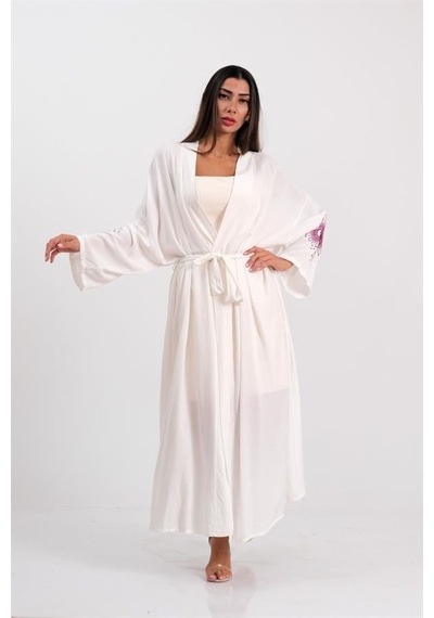 Veraura Lifestyle Beyaz Sırtı Ve Kolları Nakışlı Püsküllü Uzun Kimono