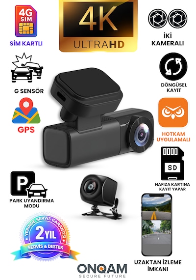 2 Kameralı 4k Sim Kartlı Uzaktan İzlenebilen Araç Kamerası Güvenlik Kamerası