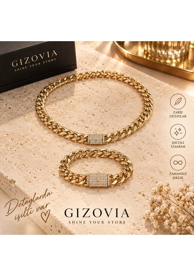 Gizovia Gold Renk Taşlı Kalın Zincir Kolye Ve Bileklik Takımı Altın