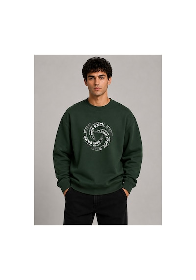 Herkesemoda Geometrik Desen Baskılı Bisiklet Yaka Şardonlu 2 İplik Sweatshirt Yeşil