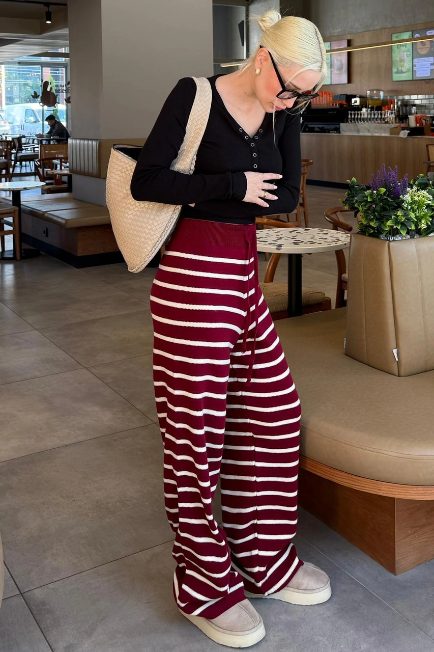 Bordo Çizgili Kadın Triko Pantolon Mg2342 Bordo