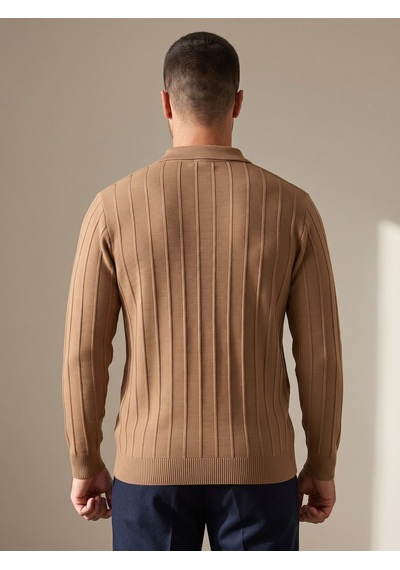 Maccali Erkek Camel Fitil Detaylı Fermuarlı Polo Yaka Triko Sweatshirt