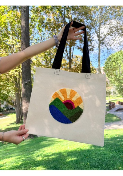Bolergıashop Amanecer Grande Tasarım Canvas Omuz Çantası Bej - Kırmızı Punch İşleme